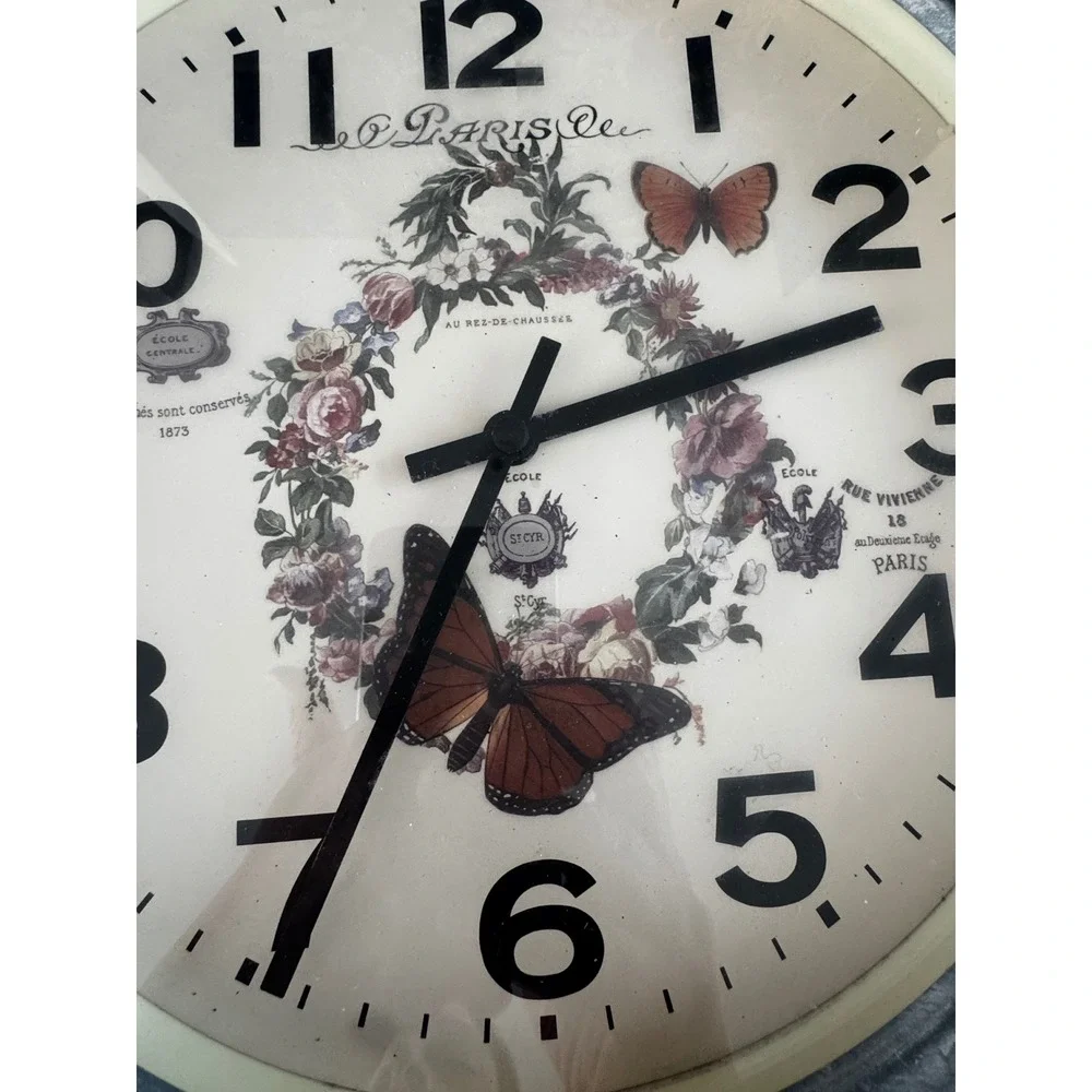 Paris Botanical Butterfly Wall Clock French‎ Country Farmhouse Gray Round 12in